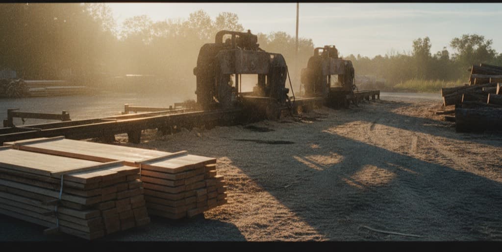 A working sawmill at the end of the day, stickered hardwood stacked in the yard and sawdust in the low sun